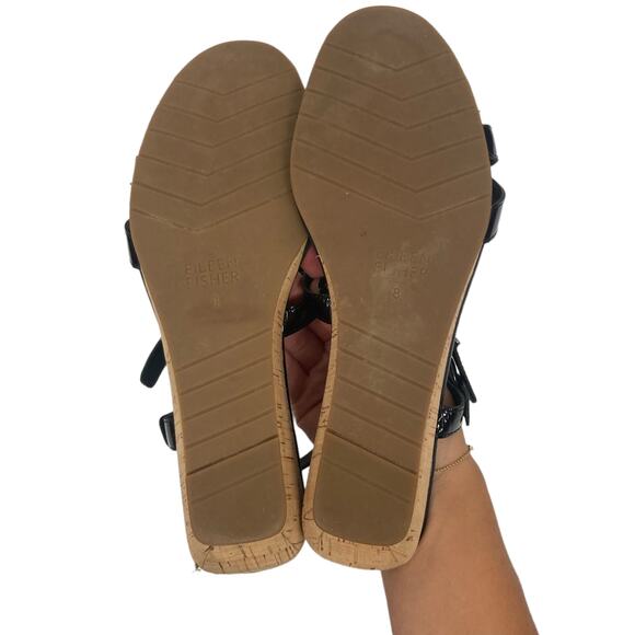 Eileen Fisher Black Patent Leather Strappy Wedges Sz 8 - Picture 6 of 9